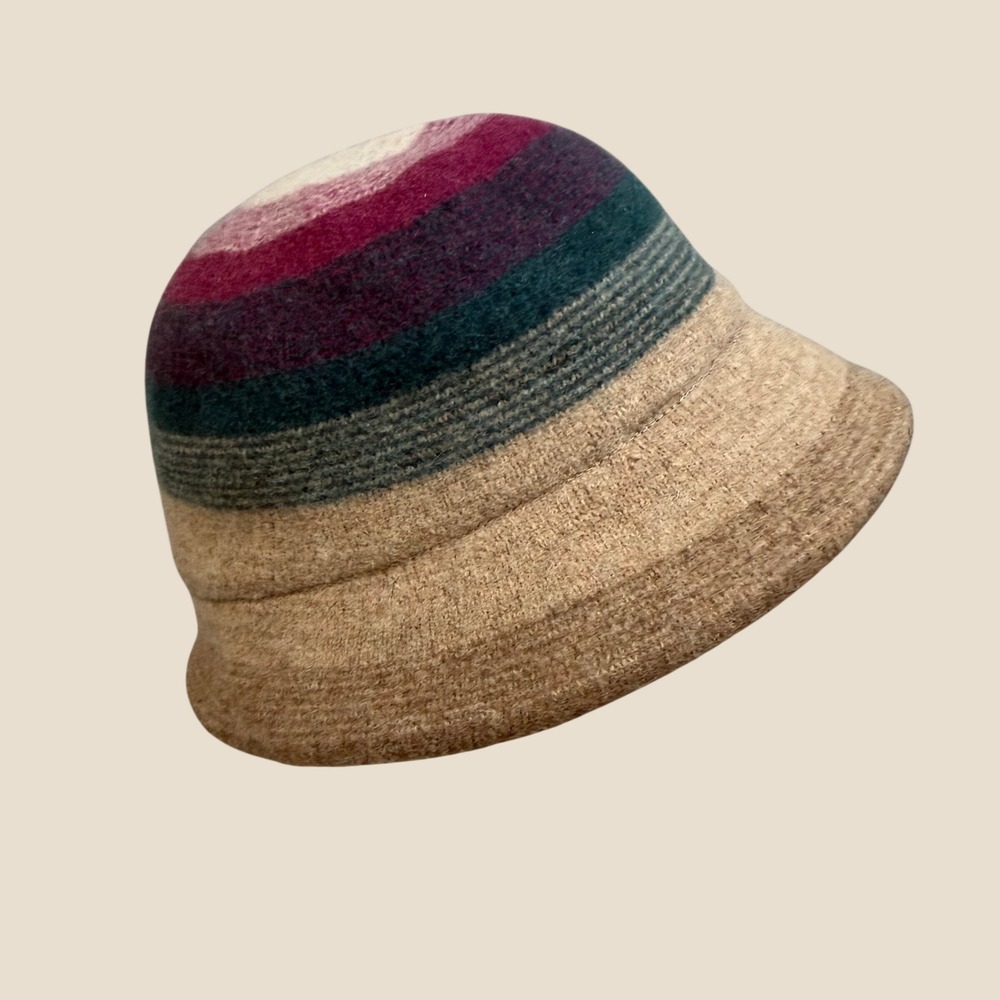 Duluth Trading Co Womens Wool Blend Striped Cloche Bucket Hat Tan Purple Small